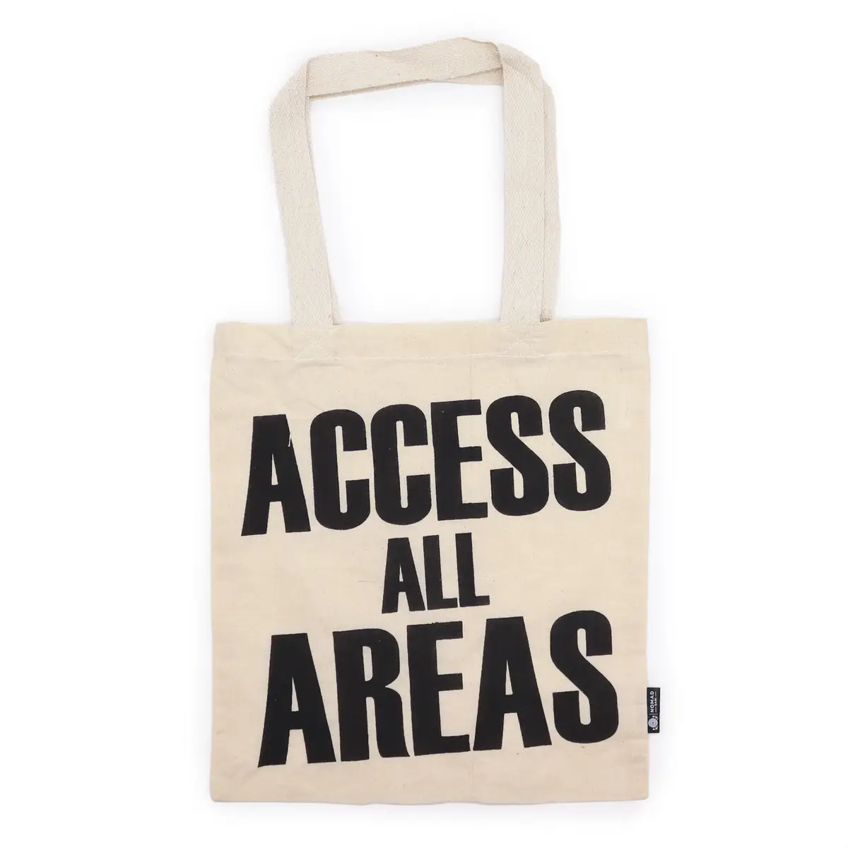 Naturlig bomullskasse med svart tryck Access All Areas och två bärhandtag
