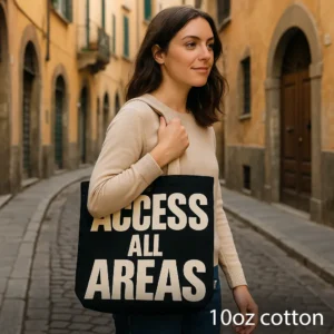 Nomad Sari ikonisk klassisk tygkasse Access All Areas svart och naturvit 10oz - produktbild 2