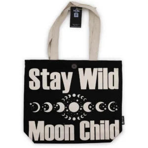 Svart tygkasse med texten Stay Wild Moon Child och månfaser, med naturfärgade handtag
