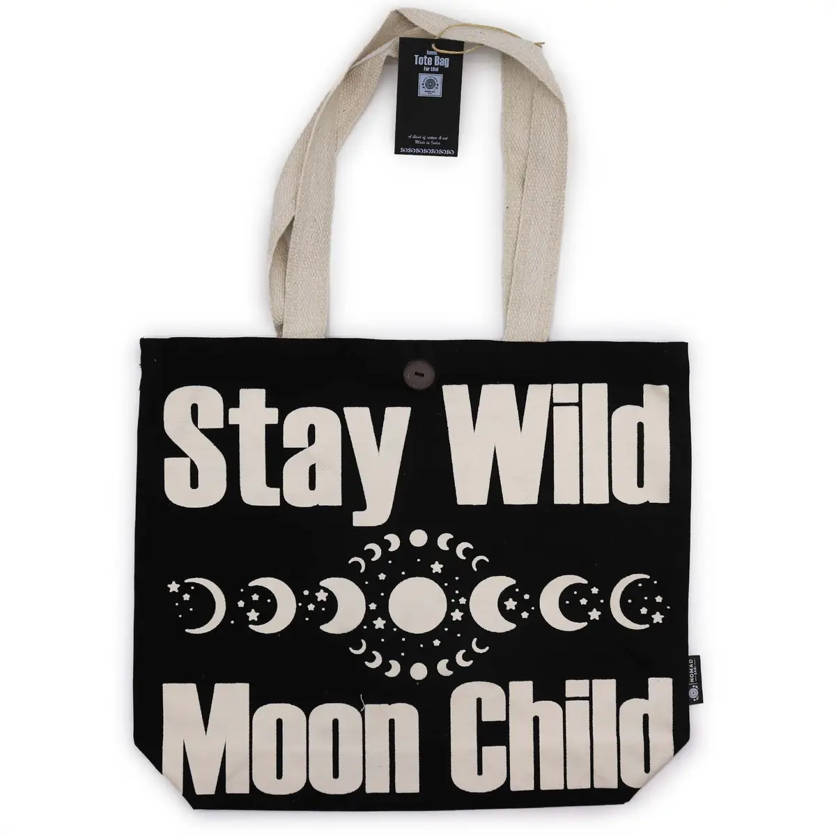 Svart tygkasse med texten Stay Wild Moon Child och månfaser, med naturfärgade handtag