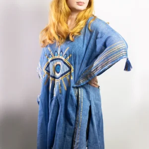 Nomad Sari kaftan i blått med guldmönster och ögonmotiv - produktbild 3