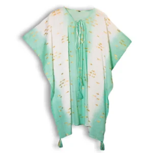 Vit och turkos kaftan med guldiga fiskar och tofsar