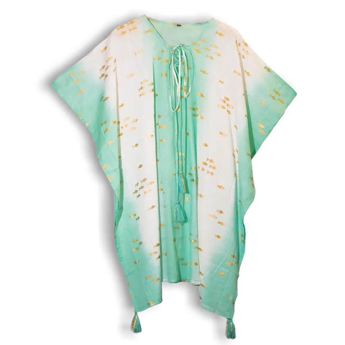 Vit och turkos kaftan med guldiga fiskar och tofsar