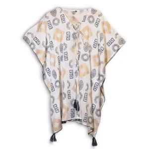 Vit kaftan med handmålade grekiska mönster i guld och blått