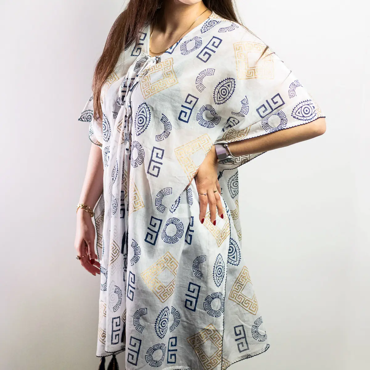 Nomad Sari kaftan med grekiskt mönster i guld och blått - produktbild 9