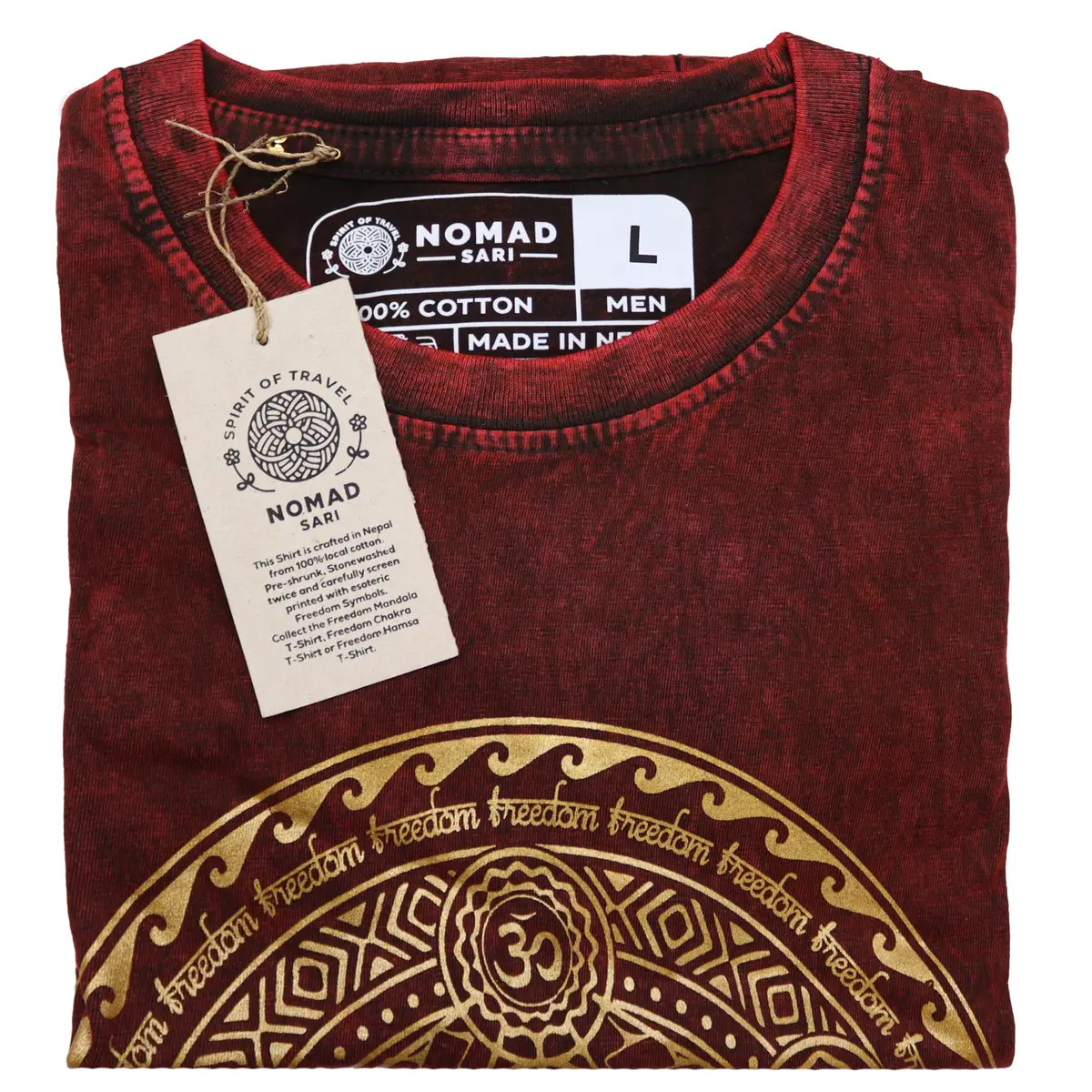 Nomad Sari Stonewashed bomulls-T-shirt med chakra-motiv, vinröd, storlek large - produktbild 2