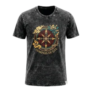 Kolgrå stonewashed bomulls-T-shirt med Compass of Life-tryck fram