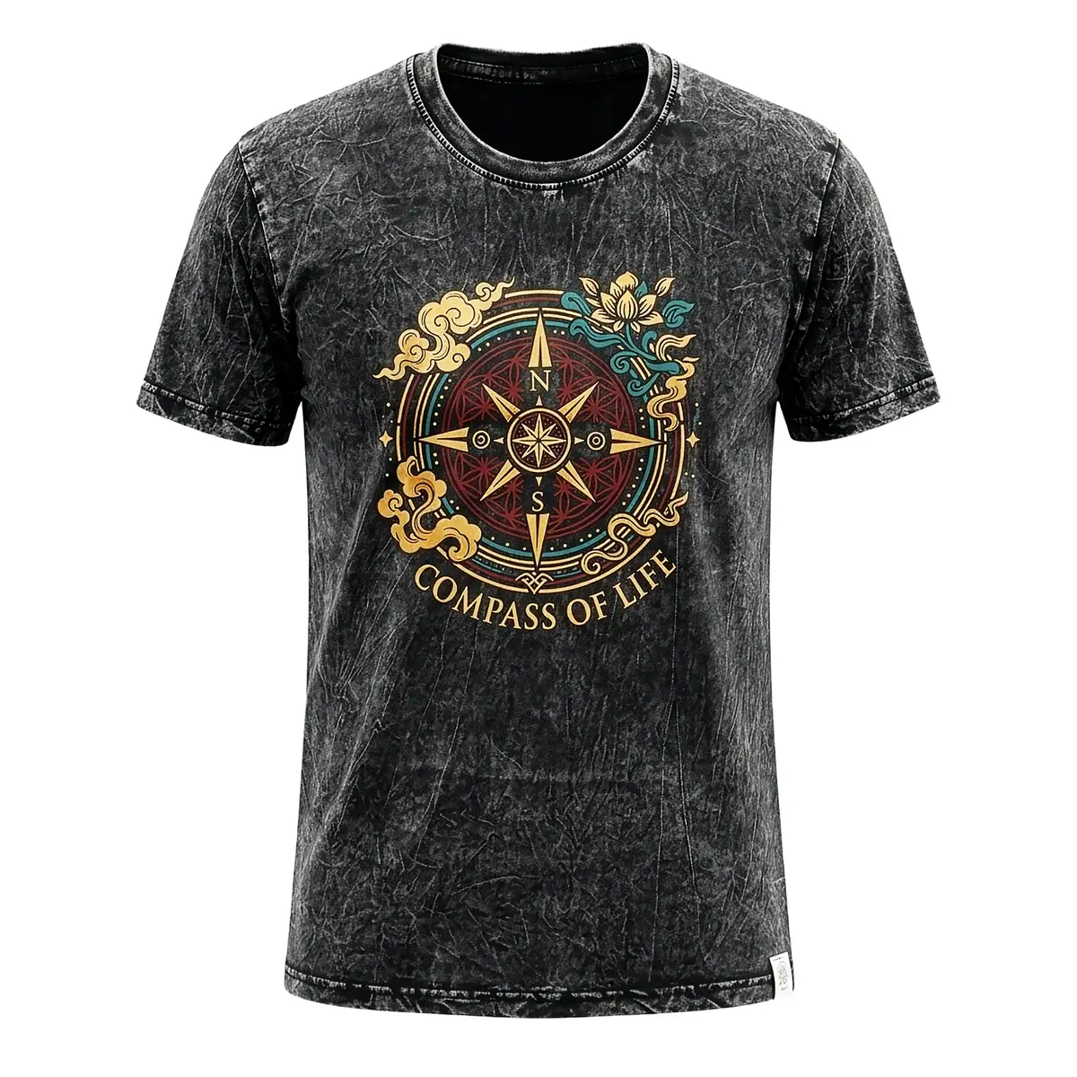 Kolgrå stonewashed bomulls-T-shirt med Compass of Life-tryck fram