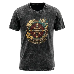 Kolgrå stonewashed bomulls-T-shirt med Compass of Life-motiv fram