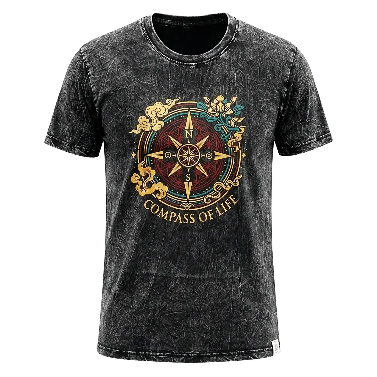 Kolgrå stonewashed bomulls-T-shirt med Compass of Life-motiv fram