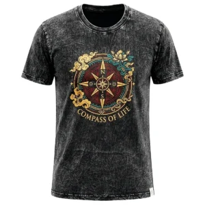 Kolgrå stonewashed bomulls-T-shirt med Compass of Life-motiv fram