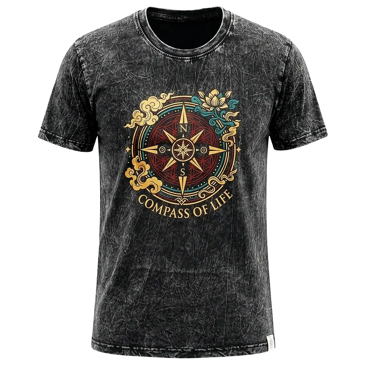 Kolgrå stonewashed bomulls-T-shirt med Compass of Life-motiv fram