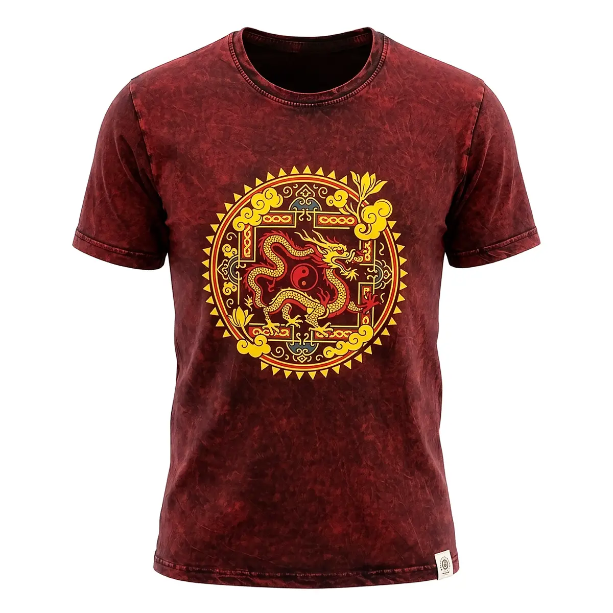 Vinröd stonewashed bomulls-T-shirt med guldröd drakmandala fram
