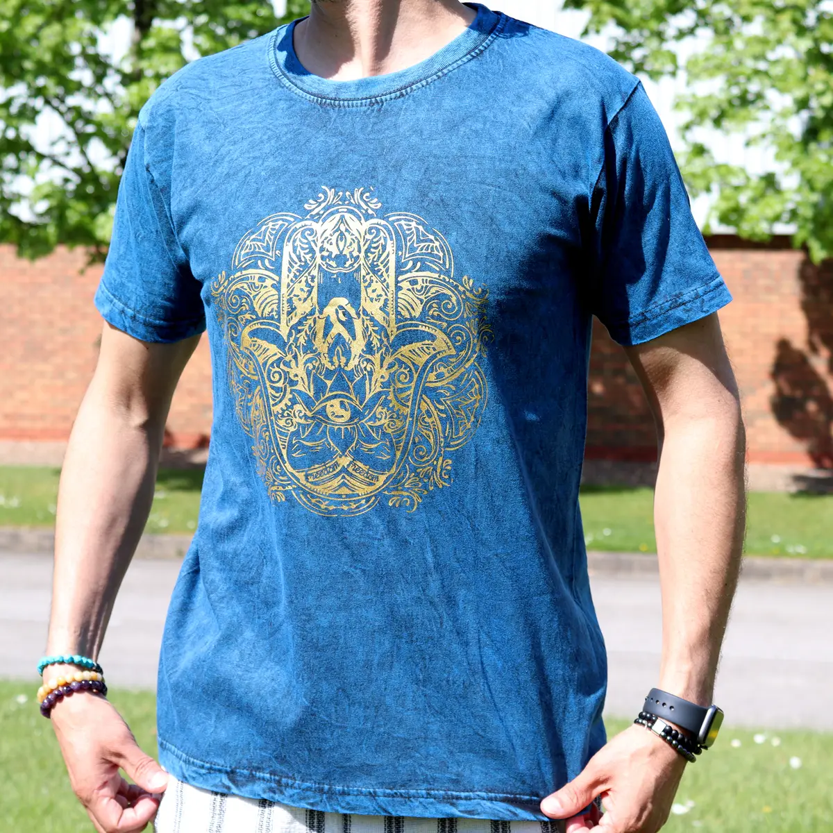 Nomad Sari Stonewashed bomulls-T-shirt med Hamsa-motiv i blått, storlek medium - produktbild 3