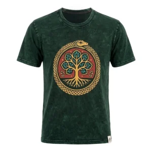 Grön stonewashed bomulls-T-shirt med motiv av Livets träd och orm runt