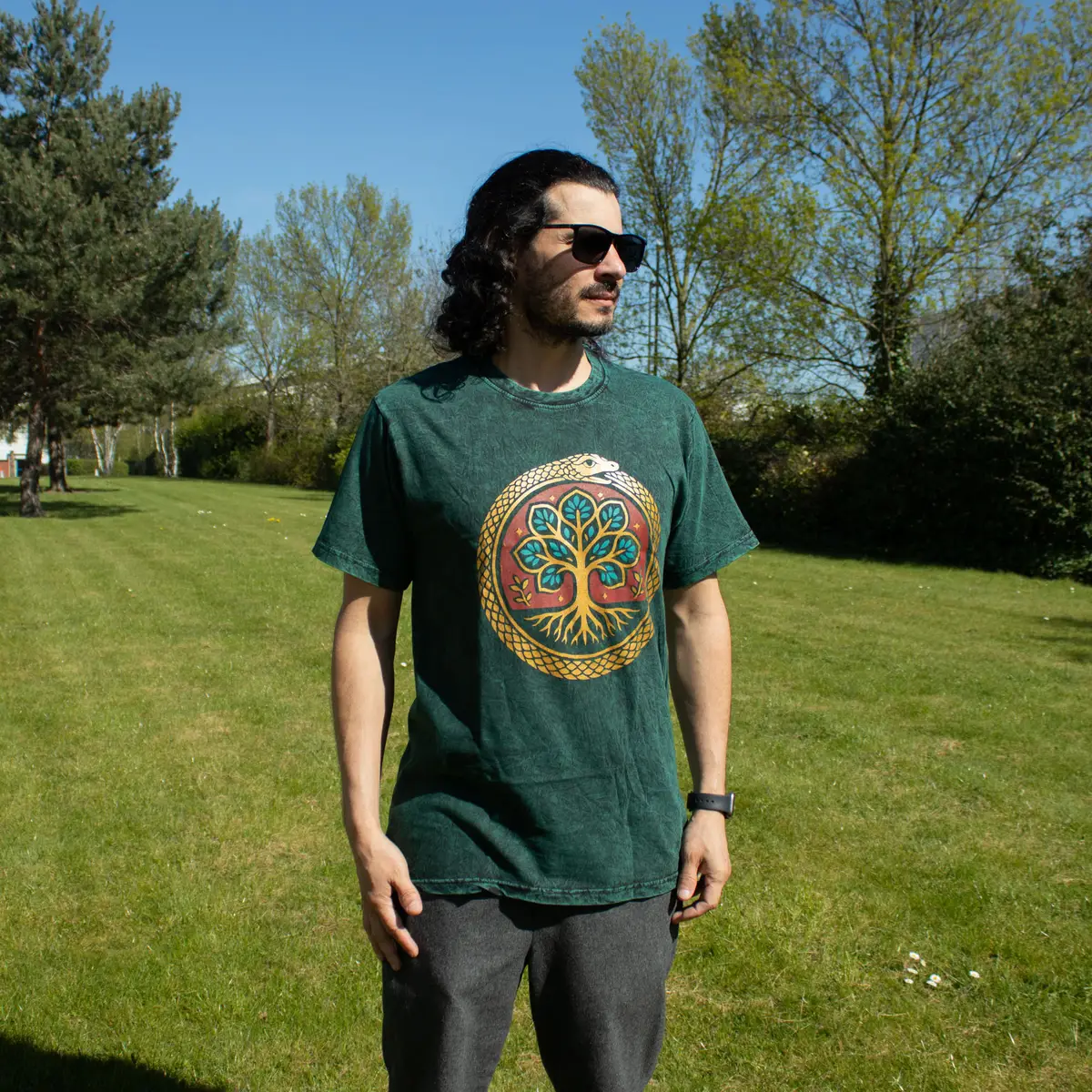 Nomad Sari Stonewashed bomulls-T-shirt med Livets träd i grön färg, storlek medium - produktbild 5