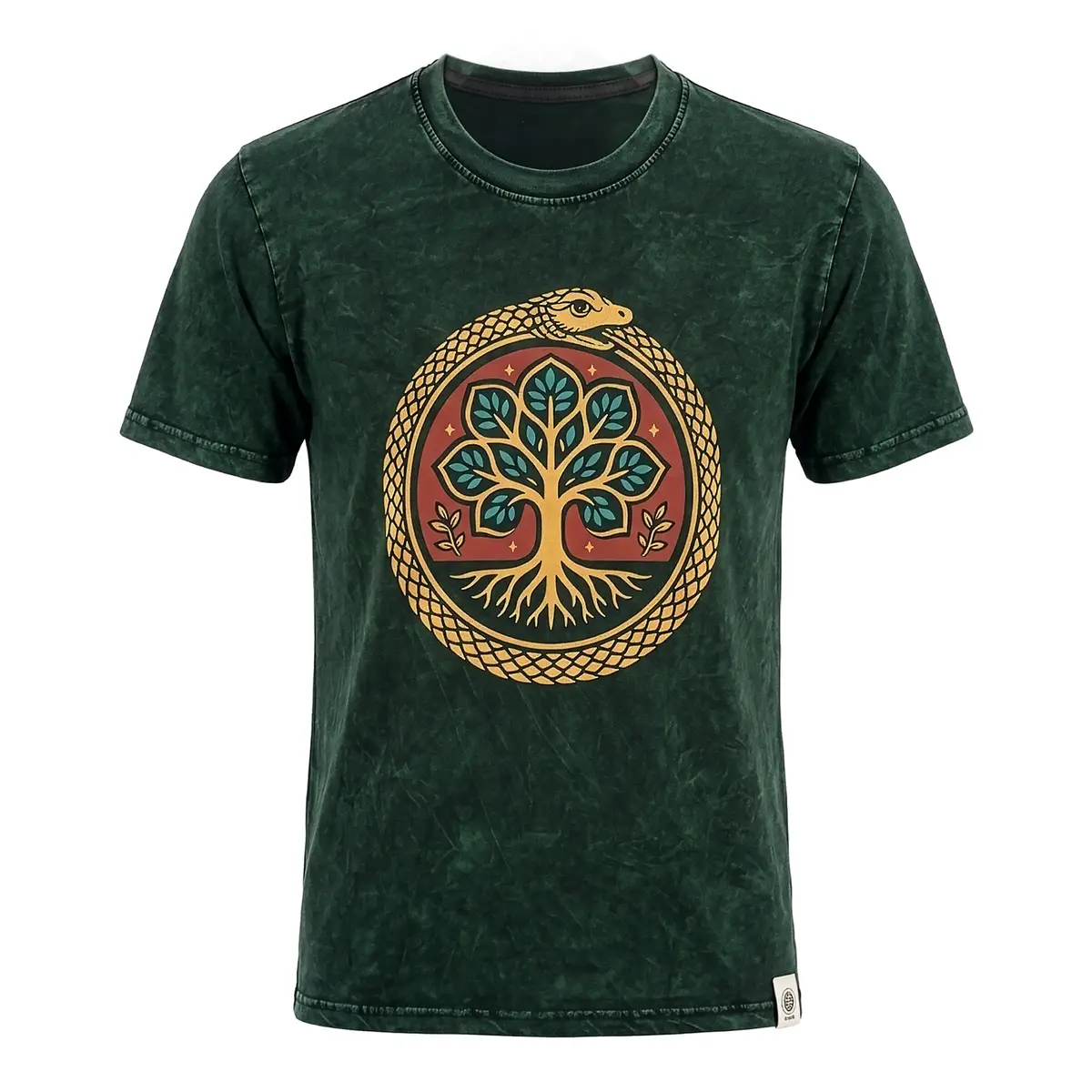 Grön stonewashed bomulls-T-shirt med motiv av Livets träd och orm runt
