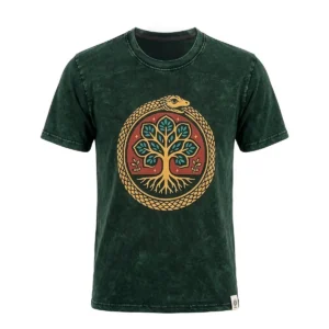 Grön stonewashed bomulls-T-shirt med motiv av Livets träd och ouroboros