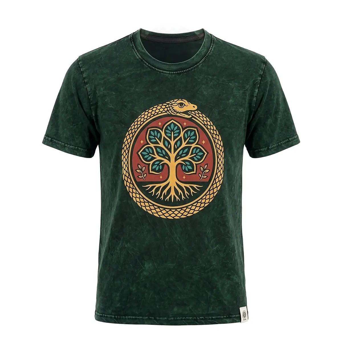 Grön stonewashed bomulls-T-shirt med motiv av Livets träd och ouroboros