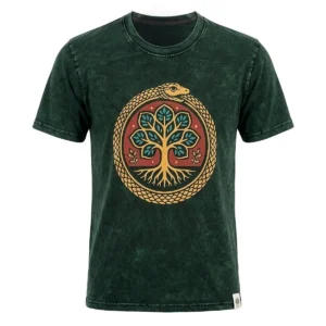 Grön stonewashed bomulls-T-shirt med Livets träd motiv fram