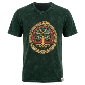 Grön stonewashed bomulls-T-shirt med Livets träd-tryck fram
