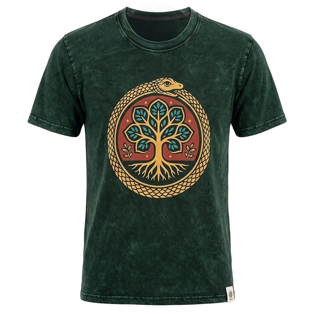 Grön stonewashed bomulls-T-shirt med Livets träd-tryck fram