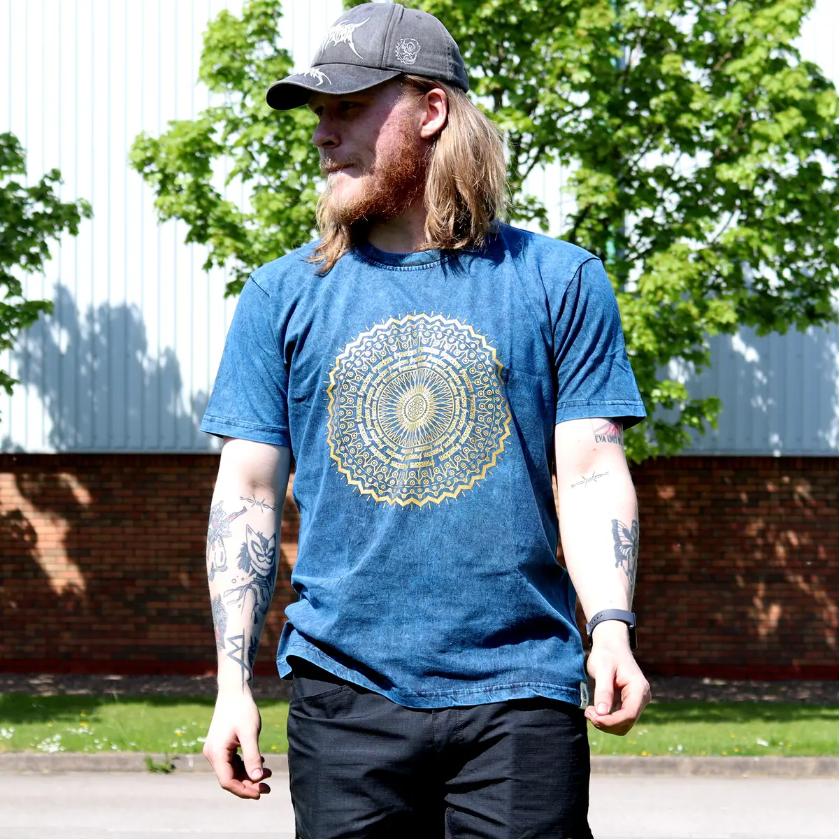 Nomad Sari Stonewashed bomulls-T-shirt med mandalamönster i blått, storlek Large - produktbild 2