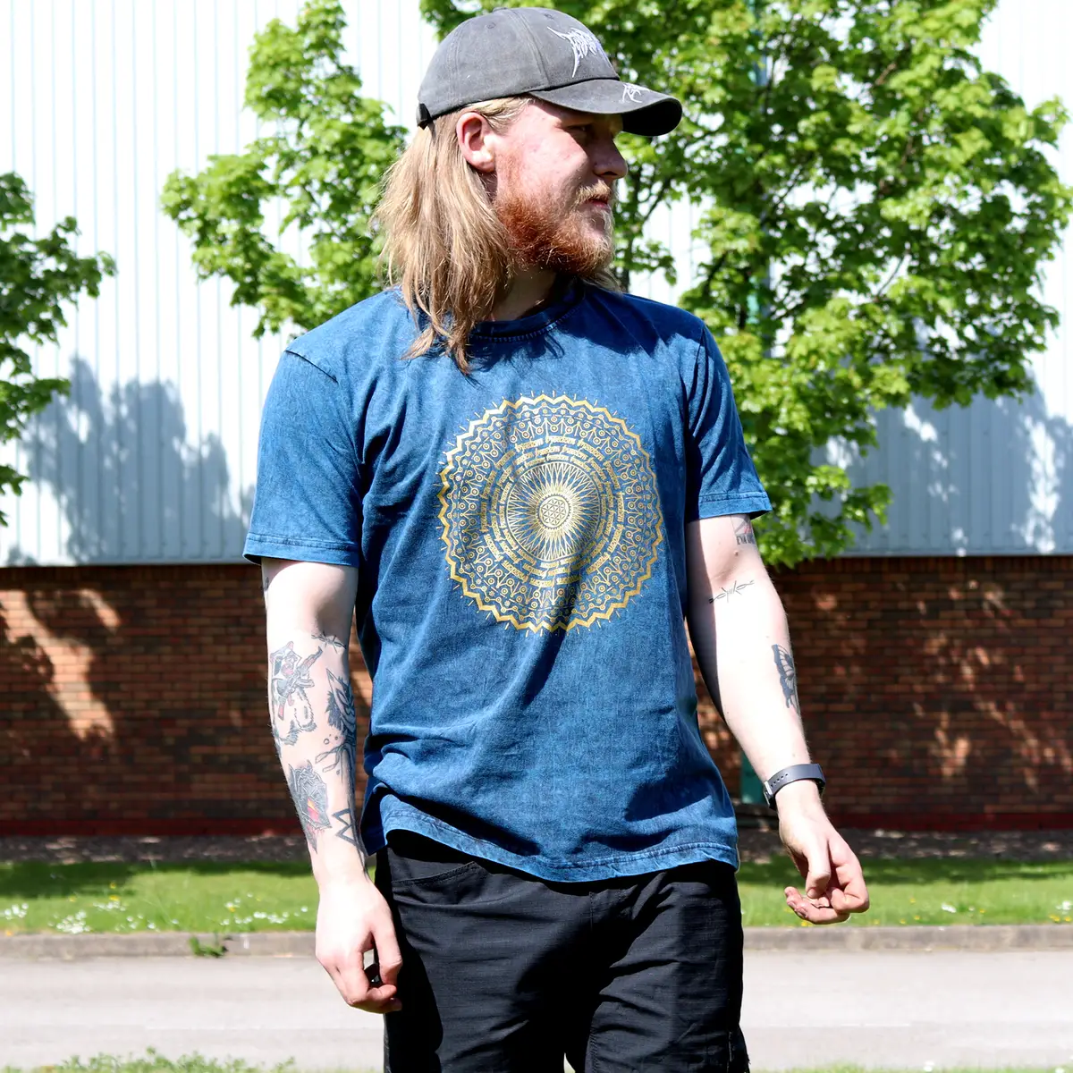 Nomad Sari Stonewashed bomulls-T-shirt med mandalamönster i blått, storlek Large - produktbild 3