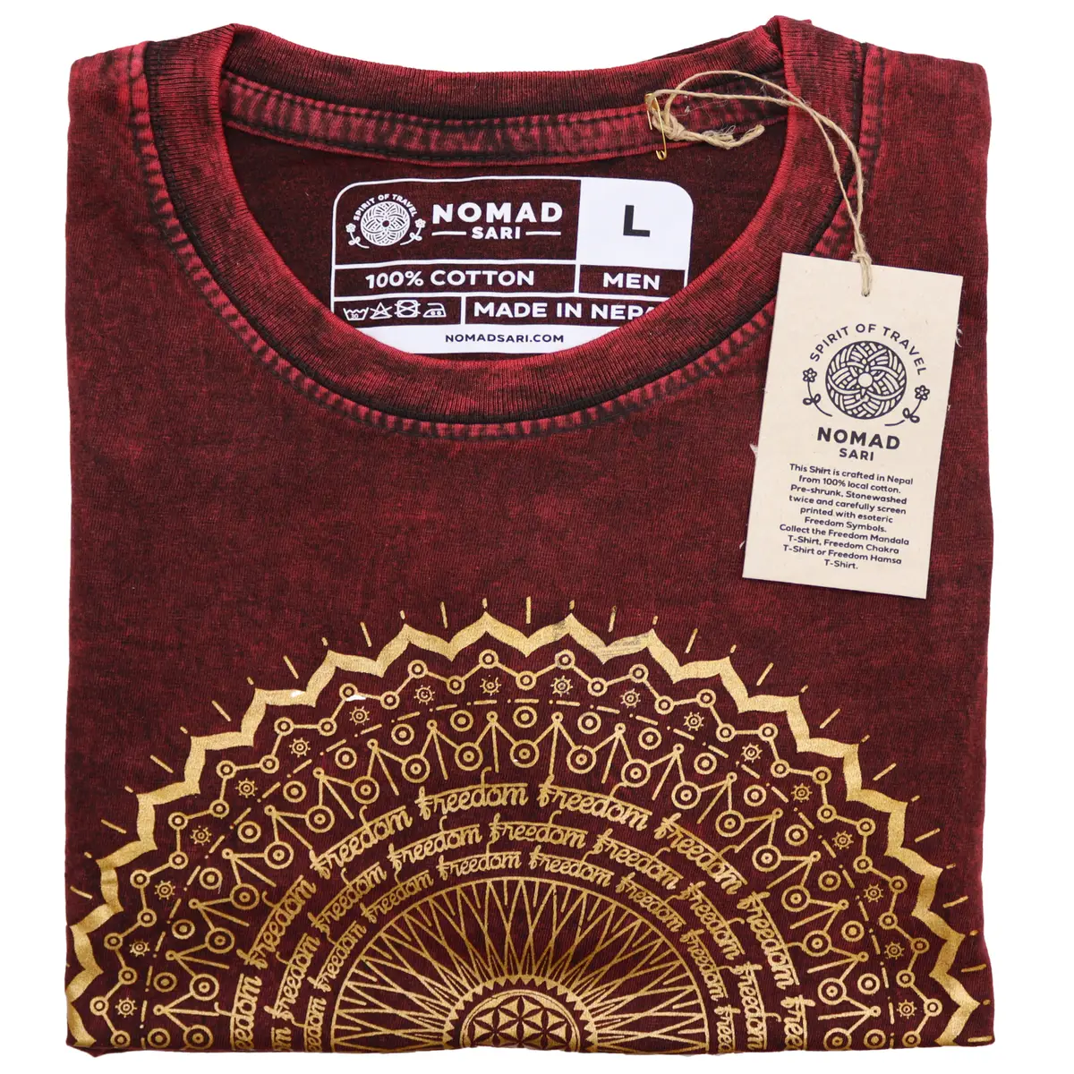 Nomad Sari Stonewashed bomulls-T-shirt med mandalamönster i vinrött, storlek Large - produktbild 5
