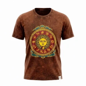Brun stonewashed bomulls-T-shirt med färgstarkt sol- och zodiakmotiv fram
