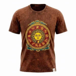 Brun stonewashed bomulls-T-shirt med sol- och zodiakmotiv fram