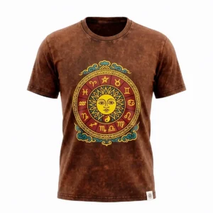 Brun stentvättad bomulls-T-shirt med sol- och zodiakmotiv fram