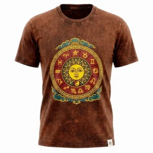 Brun stonewashed bomulls-T-shirt med sol- och zodiakmotiv fram