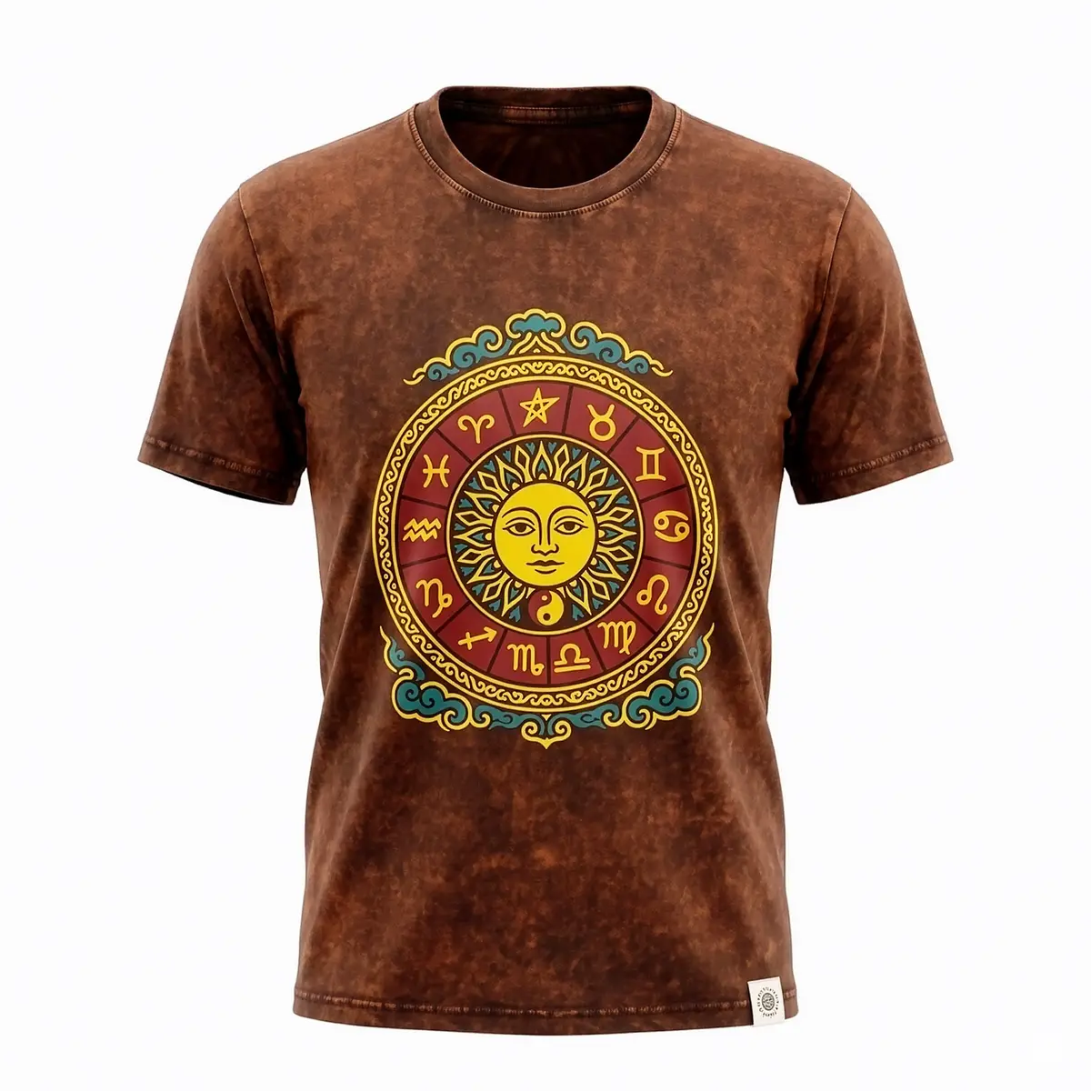 Brun stentvättad bomulls-T-shirt med sol- och zodiakmotiv fram