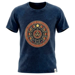 Blå stonewashed bomulls-T-shirt med Stay Wild Moon Child-tryck fram