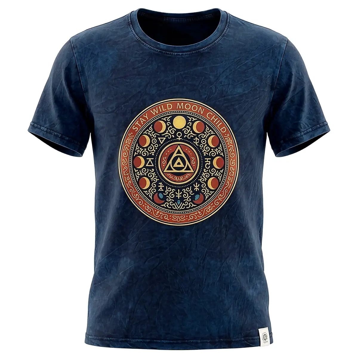 Blå stonewashed bomulls-T-shirt med Stay Wild Moon Child-tryck fram