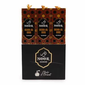 Förpackning med Noor Dehn-Al Oud premium rökelsepinnar med orientaliskt mönster
