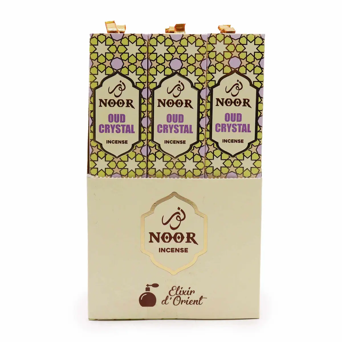 Förpackning med Noor Oud Premium rökelsepinnar Crystal med orientaliskt mönster