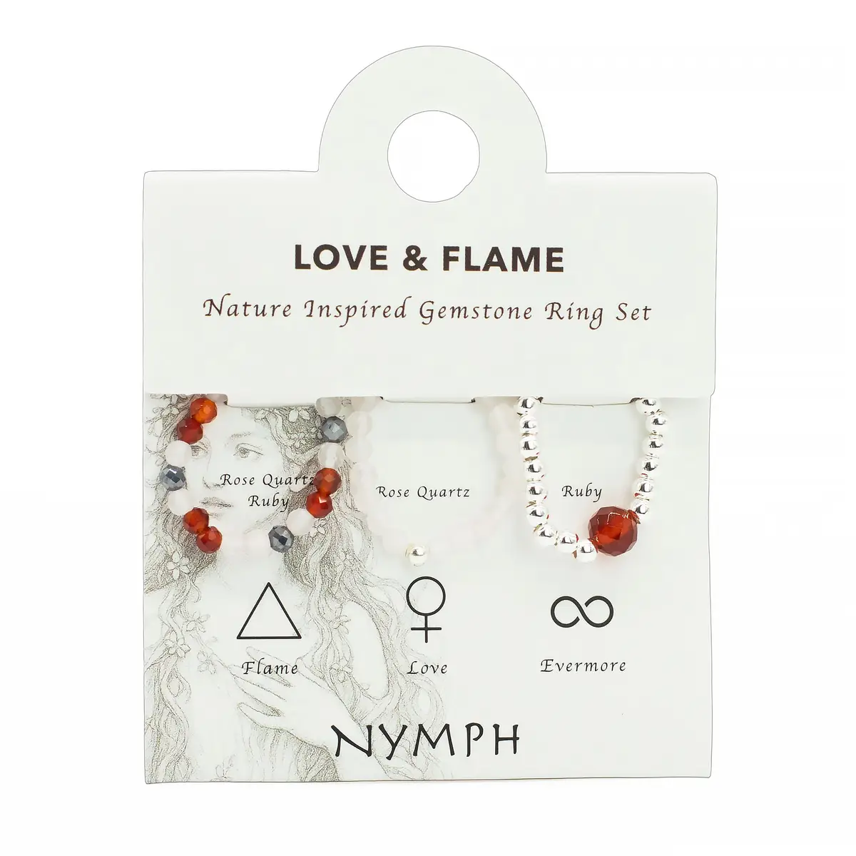 Tre elastiska ringar med rosenkvarts och rubin på vit display med text Love & Flame