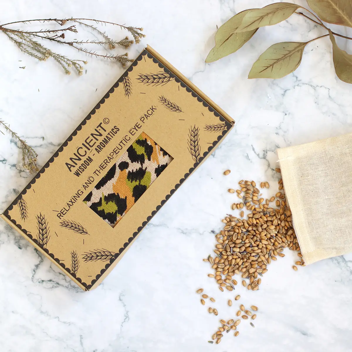 Ögonkudde i bomull med lavendel och vete i presentförpackning - nattleopardmönster - produktbild 4