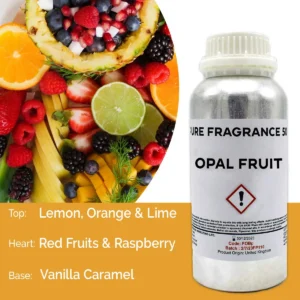 Flaska med Opal Fruit doftolja 500 ml och färska frukter runtom