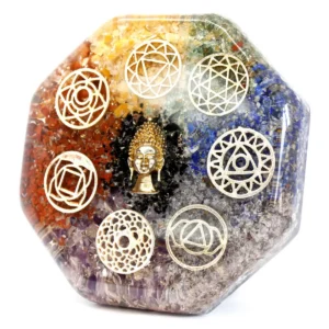 Orgonit skrivbordsenergi med Buddhafigur och chakrasymboler i färgade ädelstensflisor