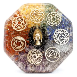 Orgonit skrivbordsenergi med Buddha och chakrasymboler - produktbild 3