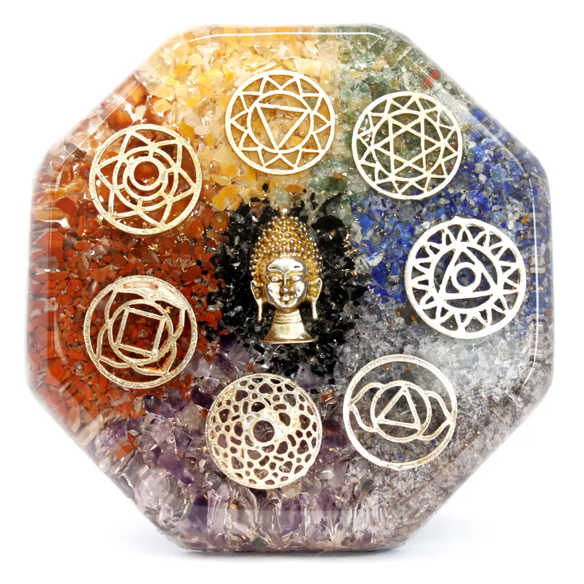 Orgonit skrivbordsenergi med Buddha och chakrasymboler - produktbild 3