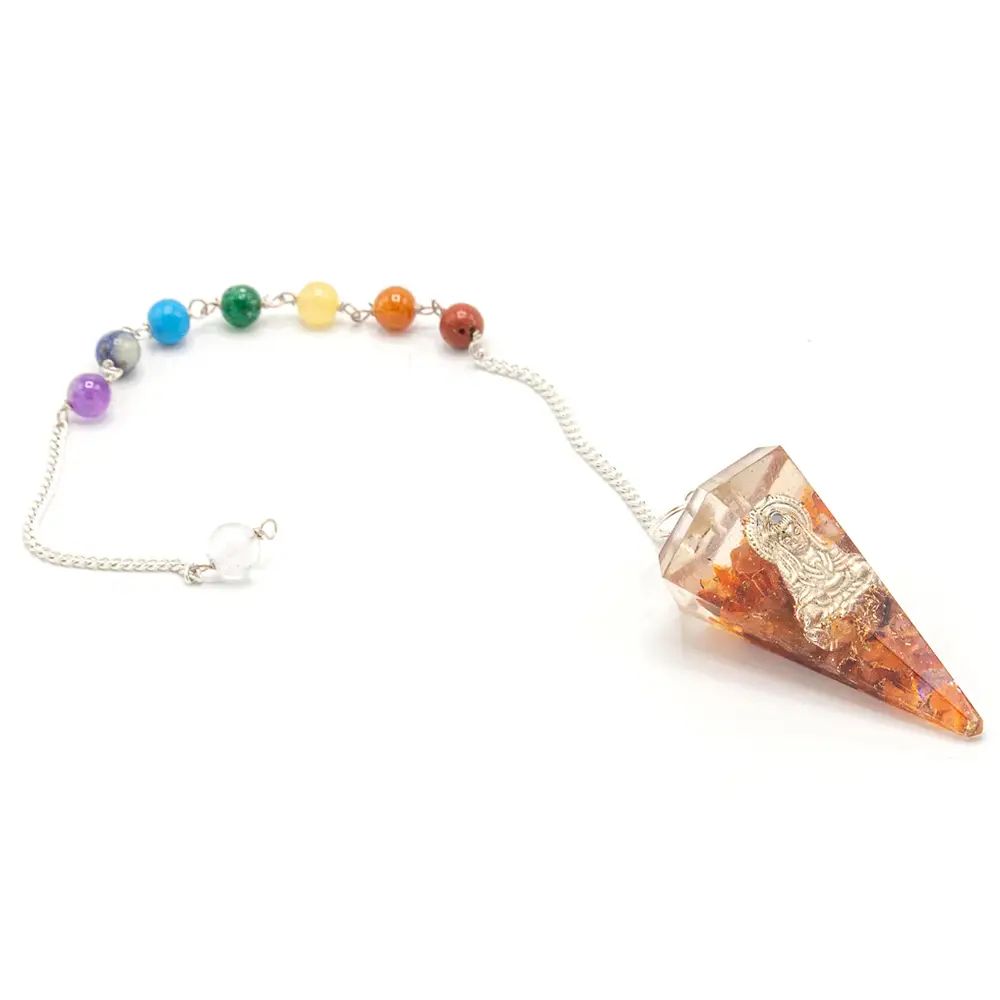 Orgonitkraft chakra-pendel med Buddha-symbol och färgade kulor på kedja