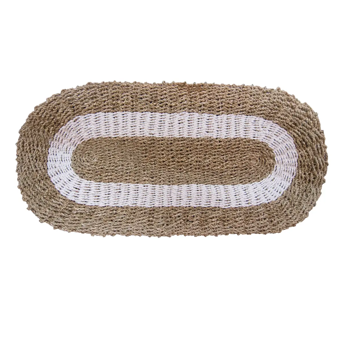 Oval handvävd matta i sjögräs med vita och beige ränder