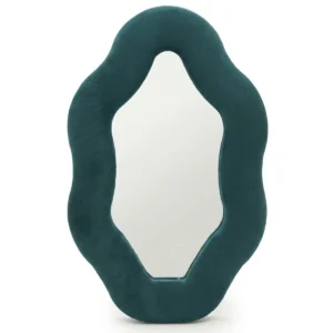 Oval spegel med mjuk sammetstomme i teal färg