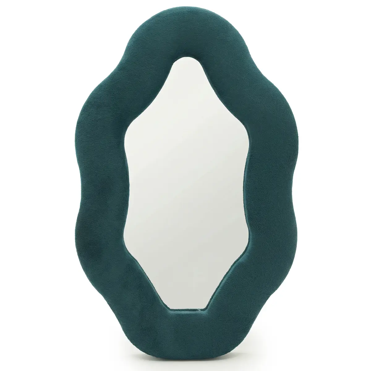 Oval spegel med mjuk sammetstomme i teal färg