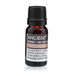 Flaska med patchouli eterisk olja 10 ml med svart lock och etikett
