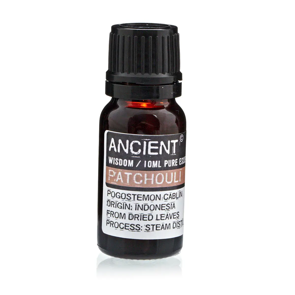 Flaska med patchouli eterisk olja 10 ml med svart lock och etikett